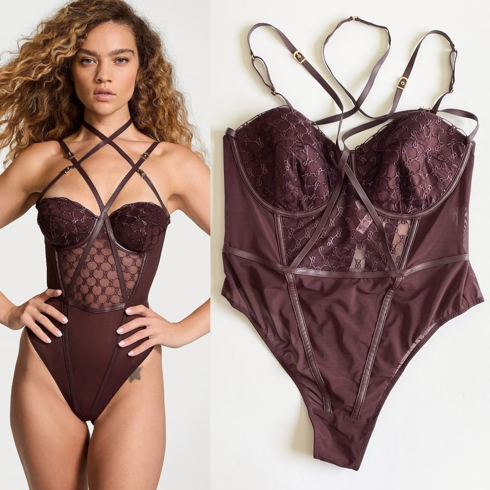 NWT Victoria’s Secret XXL Logo Embroidery Balconette Faux Leather Trim Teddy